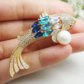 Modes Zilā Karpas, Zivju Kulonu, Pērļu Sieviete ir Broša Pin Zircon Crystal Dāvanas