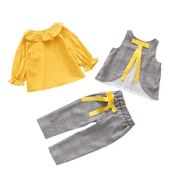 DFXD Toddler Apģērbu Meitene Apģērbu Komplekts Pavasara Modes 3pc Bērnu drēbītes, Kokvilnas Peter Peter Apkakles Krekls+Pleds Veste Top+Elsas