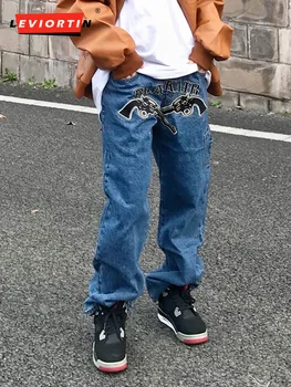 High Street Vīriešu Džinsu bikses Modes Zīmola Retro Harajuku Pavasara Streetwear Izšuvumi Hip Hop Vīriešiem un Sievietēm Taisnas Bikses