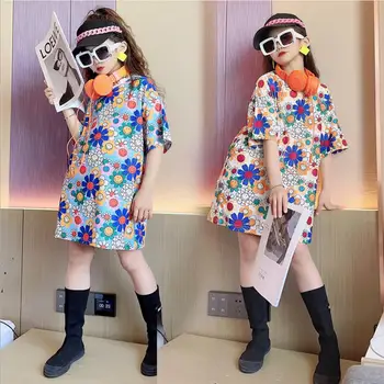 Meitene Korea stilā, drukas kleita ir 2021. vasaras jaunā modes brīvs t-krekls, kleita, bērnu īsām piedurknēm kokvilnas topi pusaudžu apģērbu wz188
