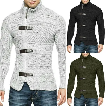 Vīriešu trikotāžas džemperis 2022. gada rudens un ziemas augstu uzrullētu apkakli džemperi, vīriešu ādas pogu garām piedurknēm adīts mētelis, jaka liela