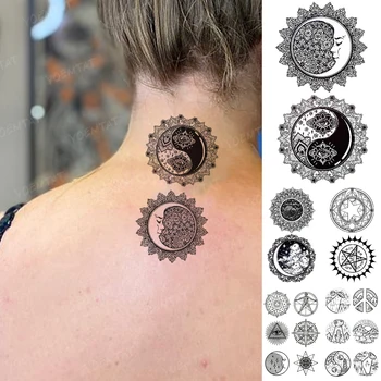 Ūdensnecaurlaidīgus Pagaidu Tetovējumu Uzlīmes Mēness Acu Mandala Henna Flash Tatto Sieviete Melnā Līnija Body Art Roku Viltus Tatto Cilvēks, Labas Lietas